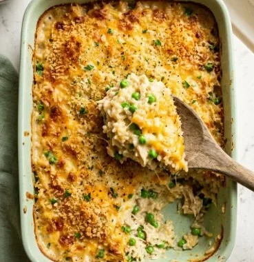 Delicious easy casserole ready to serve in a baking dish.