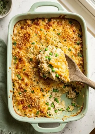 Delicious easy casserole ready to serve in a baking dish.
