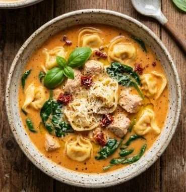 Tuscan Chicken Tortellini Soup 2 Bowl of Tuscan Chicken Tortellini Soup garnished with fresh herbs