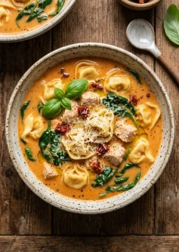 Bowl of Tuscan Chicken Tortellini Soup garnished with fresh herbs