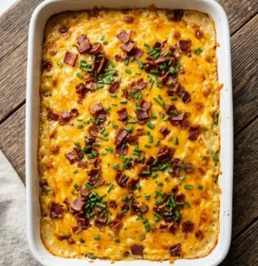 Twice Baked Potato Casserole 1 A creamy Twice Baked Potato Casserole topped with cheese and chives