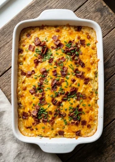 A creamy Twice Baked Potato Casserole topped with cheese and chives