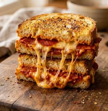 Ultimate Pizza Inspired Grilled Cheese Sandwich 1 Ultimate pizza inspired grilled cheese sandwich with melted cheese and toppings