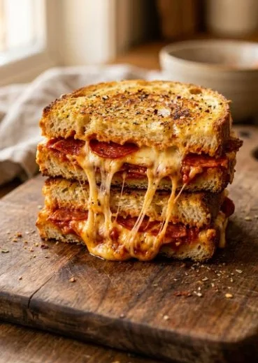 Ultimate pizza inspired grilled cheese sandwich with melted cheese and toppings