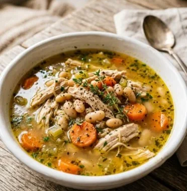 Ultimate Slow Cooker Lemon Herb Chicken and White Bean Stew in a creamy bowl