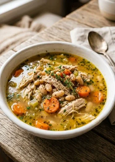 Ultimate Slow Cooker Lemon Herb Chicken and White Bean Stew in a creamy bowl