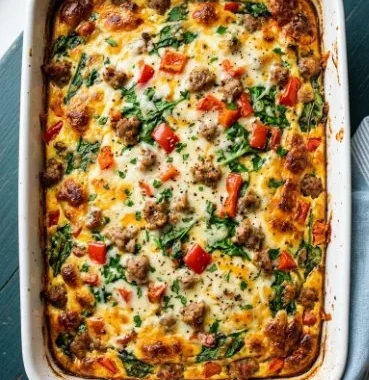 Delicious vegan breakfast casserole with colorful vegetables and tofu