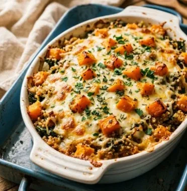 Vegetarian Butternut Squash Quinoa Casserole 2 Vegetarian butternut squash quinoa casserole baked in a dish with fresh herbs