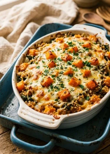 Vegetarian butternut squash quinoa casserole baked in a dish with fresh herbs