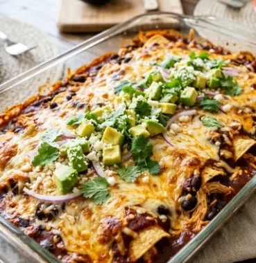 Vegetarian Enchilada Casserole Bake dish garnished with fresh herbs