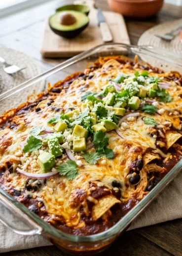 Vegetarian Enchilada Casserole Bake dish garnished with fresh herbs