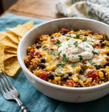 Delicious Vegetarian Mexican Rice Casserole topped with fresh ingredients