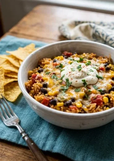 Delicious Vegetarian Mexican Rice Casserole topped with fresh ingredients