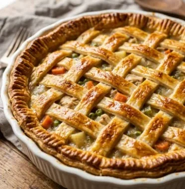 Golden-brown vegetarian pot pie filled with colorful vegetables