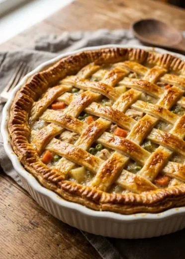 Golden-brown vegetarian pot pie filled with colorful vegetables