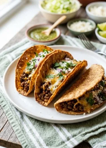 Plate of colorful vegetarian tacos filled with beans, vegetables, and salsa.