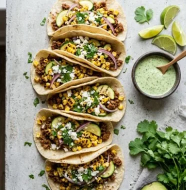 Zucchini Tacos 2 Delicious zucchini tacos topped with fresh vegetables and spices