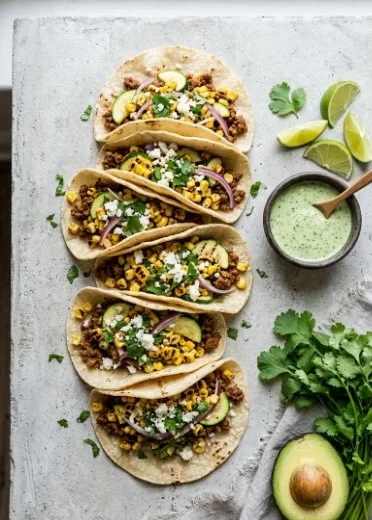 Delicious zucchini tacos topped with fresh vegetables and spices
