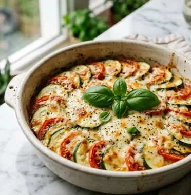 Delicious Zucchini Tomato Bake with fresh vegetables and melted cheese