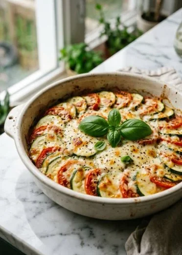 Delicious Zucchini Tomato Bake with fresh vegetables and melted cheese