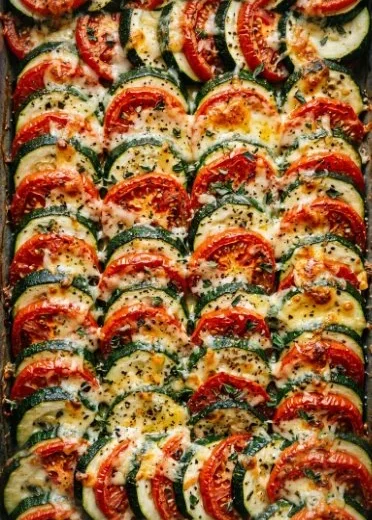 Delicious zucchini tomato bake served in a vibrant dish