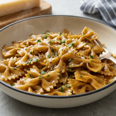 Black garlic farfalle in a white bowl with a glossy black garlic butter sauce, garnished with parsley, served with a fork and Parmesan cheese