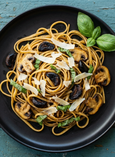 Black garlic linguine topped with sautéed mushrooms, shaved Parmesan, and fresh basil on a black plate
