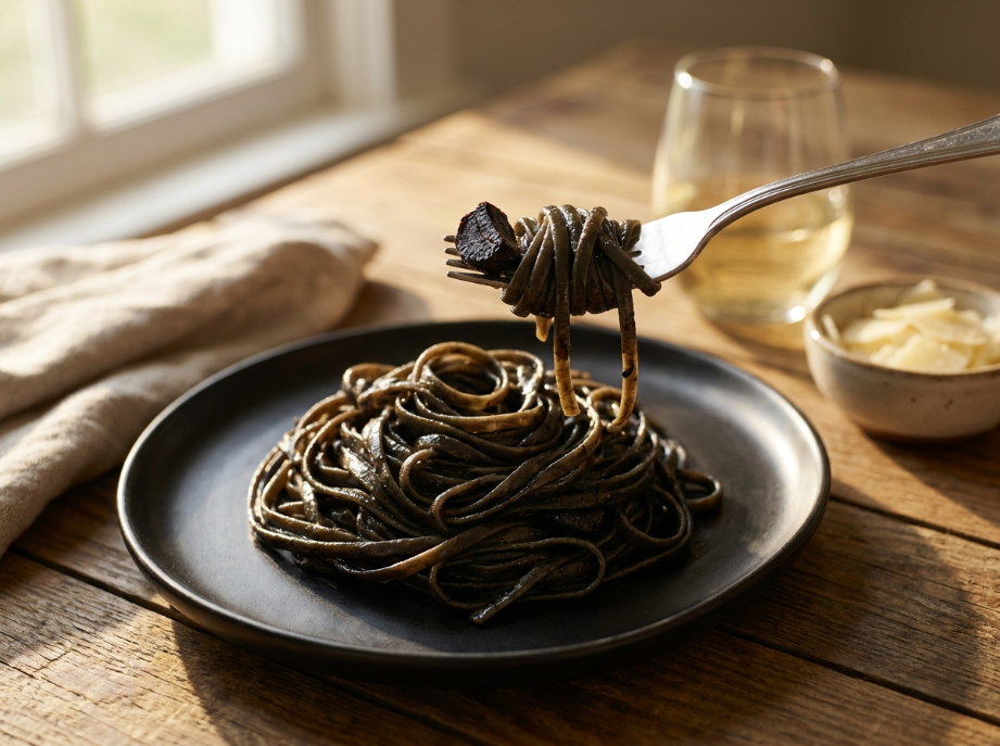 Black Garlic Linguine 3 Black Garlic Linguine serve