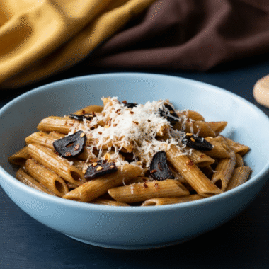 Black Garlic Penne: A Modern Umami Twist 9 Black garlic penne pasta in a light blue ceramic bowl, topped with sliced black garlic, grated Parmesan, and chili flakes