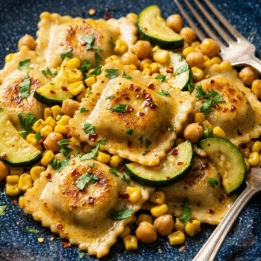Black Garlic Ravioli: A Modern Umami Twist 9 Seared black garlic ravioli plated with corn, chickpeas, zucchini, and fresh parsley on a dark blue speckled plate