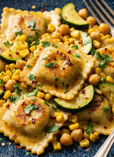 Seared black garlic ravioli plated with corn, chickpeas, zucchini, and fresh parsley on a dark blue speckled plate