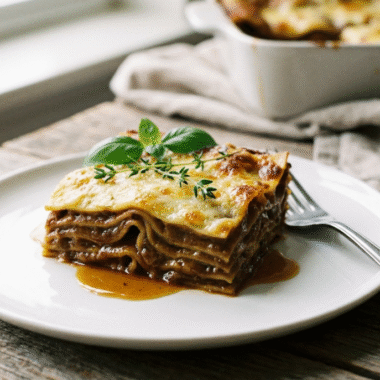 Black Garlic Lasagna: A Modern Umami Twist 9 Slice of black garlic lasagna with caramel-brown layers on a white plate, garnished with basil and thyme