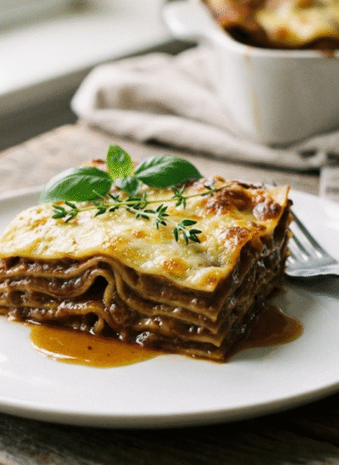 Slice of black garlic lasagna with caramel-brown layers on a white plate, garnished with basil and thyme