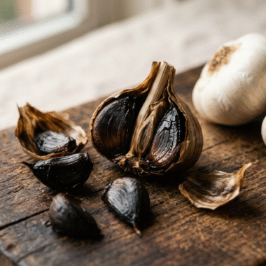 What Is Black Garlic? A Complete Beginner's Guide 9 Black garlic cloves split open next to whole white garlic bulbs on a rustic wooden cutting board