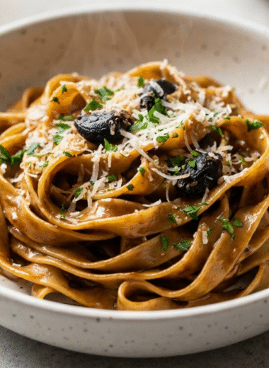 Black garlic fettuccine in a white speckled bowl topped with Parmesan and parsley
