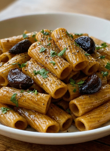 Black garlic rigatoni in a white bowl, glossy pasta tossed with whole black garlic cloves, cracked pepper, and fresh parsley