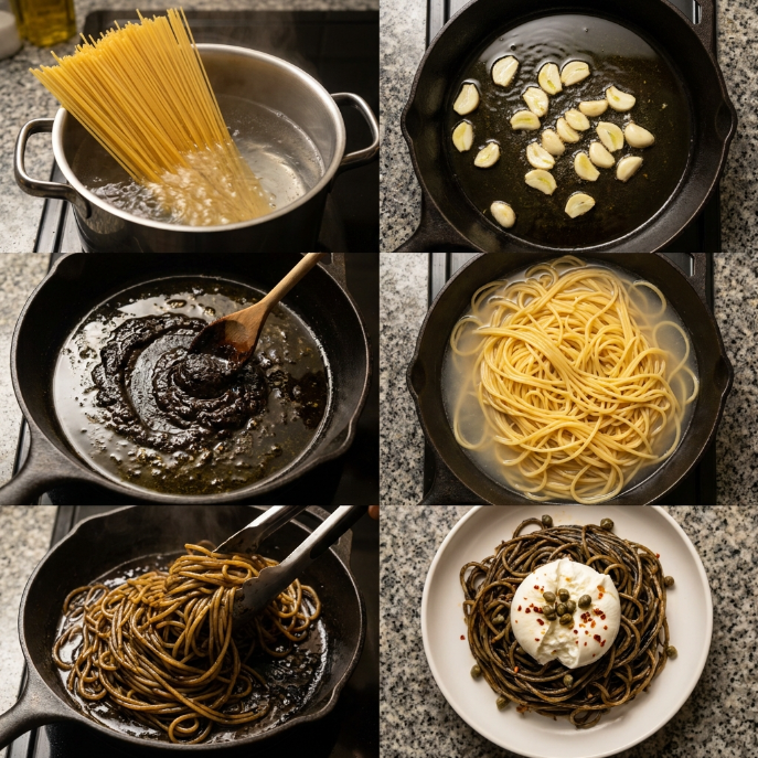 Black Garlic Spaghetti: A Modern Umami Twist 2 black garlic spaghetti steps