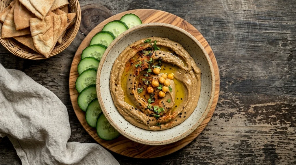 Creamy black garlic hummus in a stoneware bowl with olive oil, chickpeas, cucumber and pita