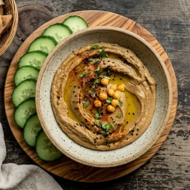 Creamy black garlic hummus in a stoneware bowl with olive oil, chickpeas, cucumber and pita
