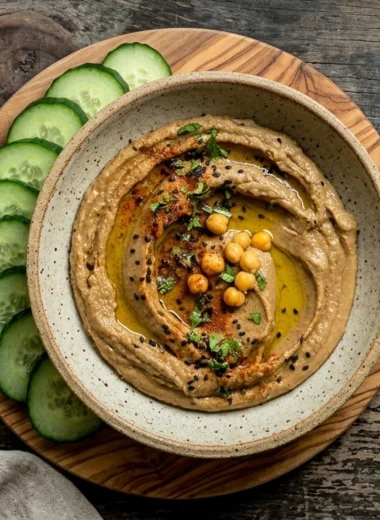 Creamy black garlic hummus in a stoneware bowl with olive oil, chickpeas, cucumber and pita