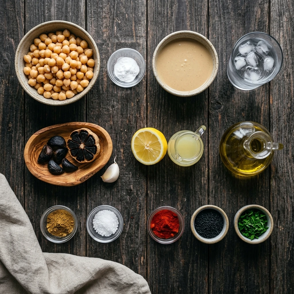 Ingredients for black garlic hummus: chickpeas, black garlic, tahini, lemon, cumin and olive oil