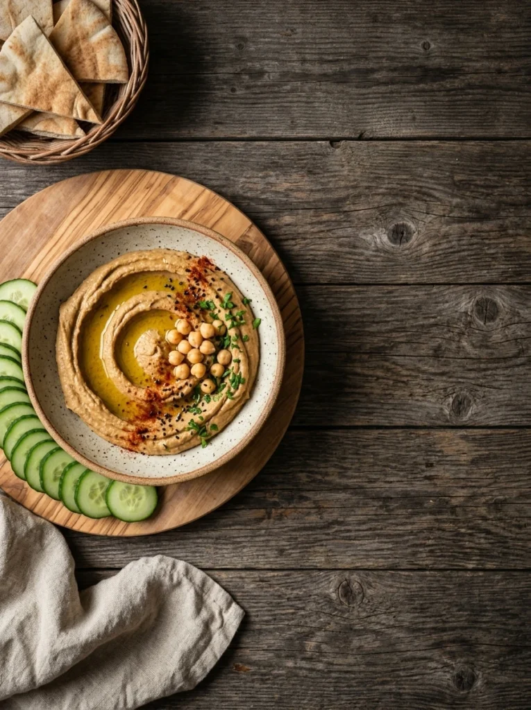 Black garlic hummus served on an olive wood board with pita, cucumber and carrots