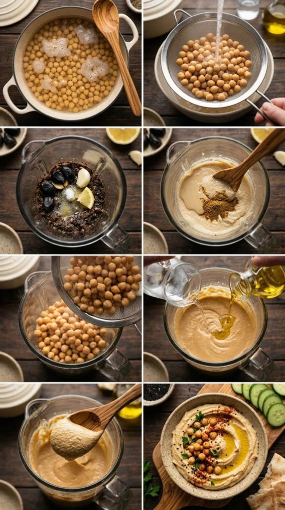Step-by-step process of making black garlic hummus, from simmering chickpeas to the finished dip