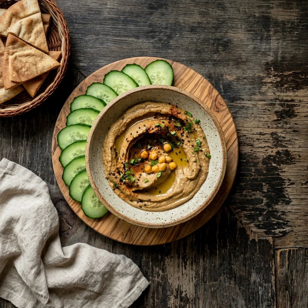 Black garlic hummus recipe served in a stoneware bowl, top view